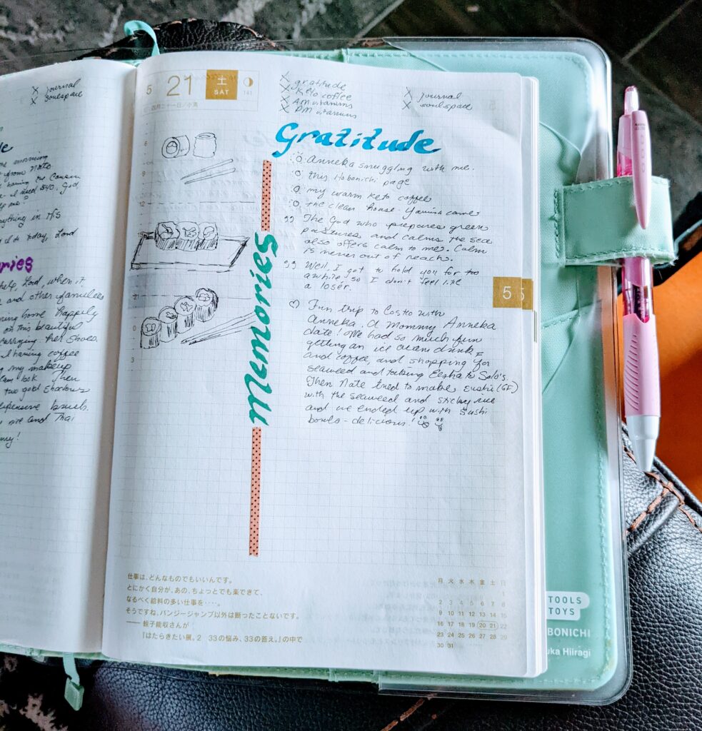 Daily gratitude journaling and memory keeping in my Hobonichi Cousin. 
