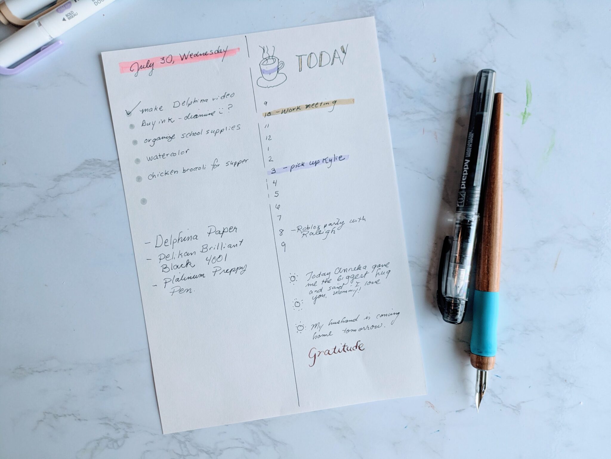Minimalist daily bullet journal layout with simple task list and date stamp